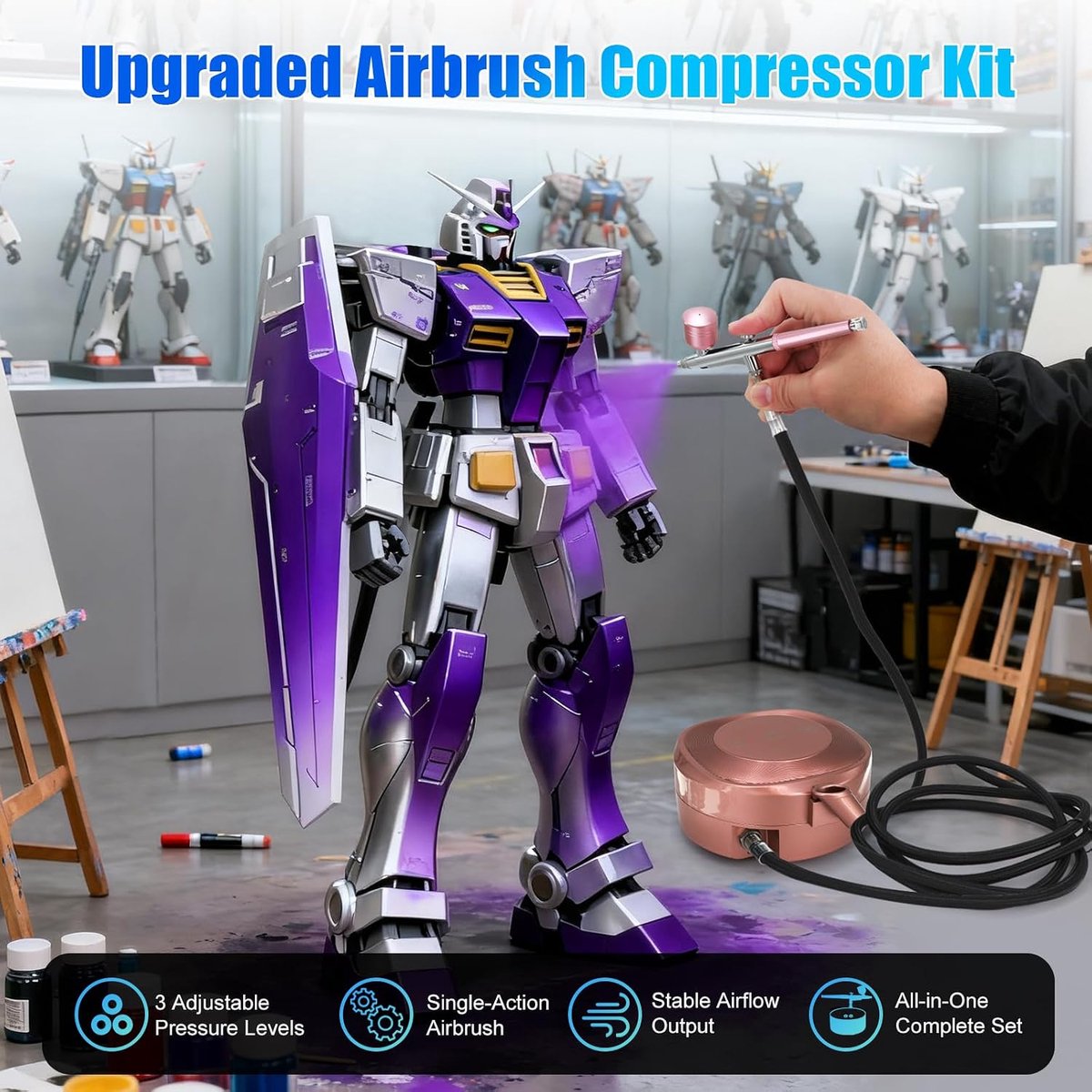 Airbrush Set Met Compressor – Instelbare Druk 28/38/48 PSI, 0,2/0,3/0,5 mm Sproeiers – Voor Nagels, Make-Up, Taartdecoratie, Body Art & Modelbouw
