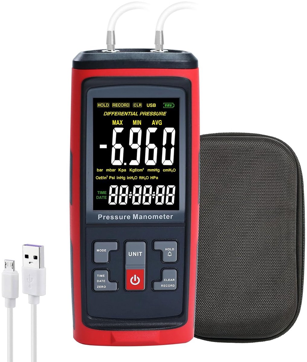 Manometer Data Logger Digitale Manometer Gasdruktester met ±200 inH2O meetbereik, drukverschilmeter 13 selecteerbare eenheden manometer HVAC met groot LCD-scherm