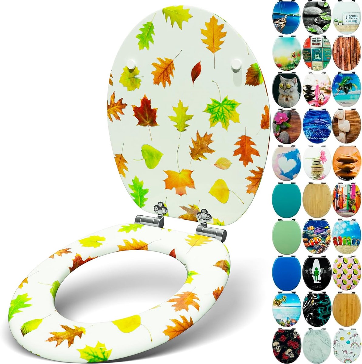 Toiletbril met softclosemechanisme, hoogwaardig toiletdeksel van hout, vele kleurrijke motieven, hoog zitcomfort, eenvoudige montage, Autumn Feeling
