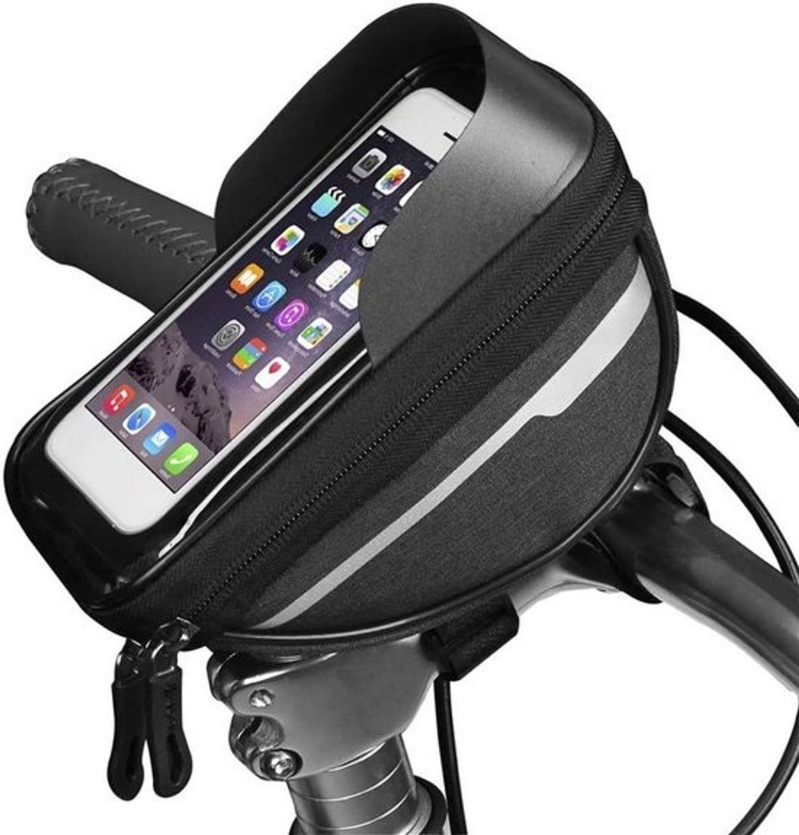 Waterdichte fietsstuurtas met telefoonhouder - 1 liter, dubbele rits en reflecterende strepen