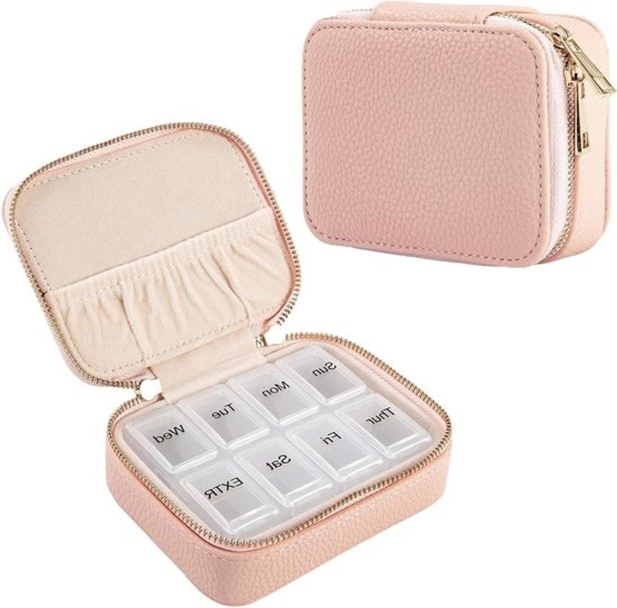 Weektablettenbox voor 7 dagen - roze veganistisch leer, 8 vakken