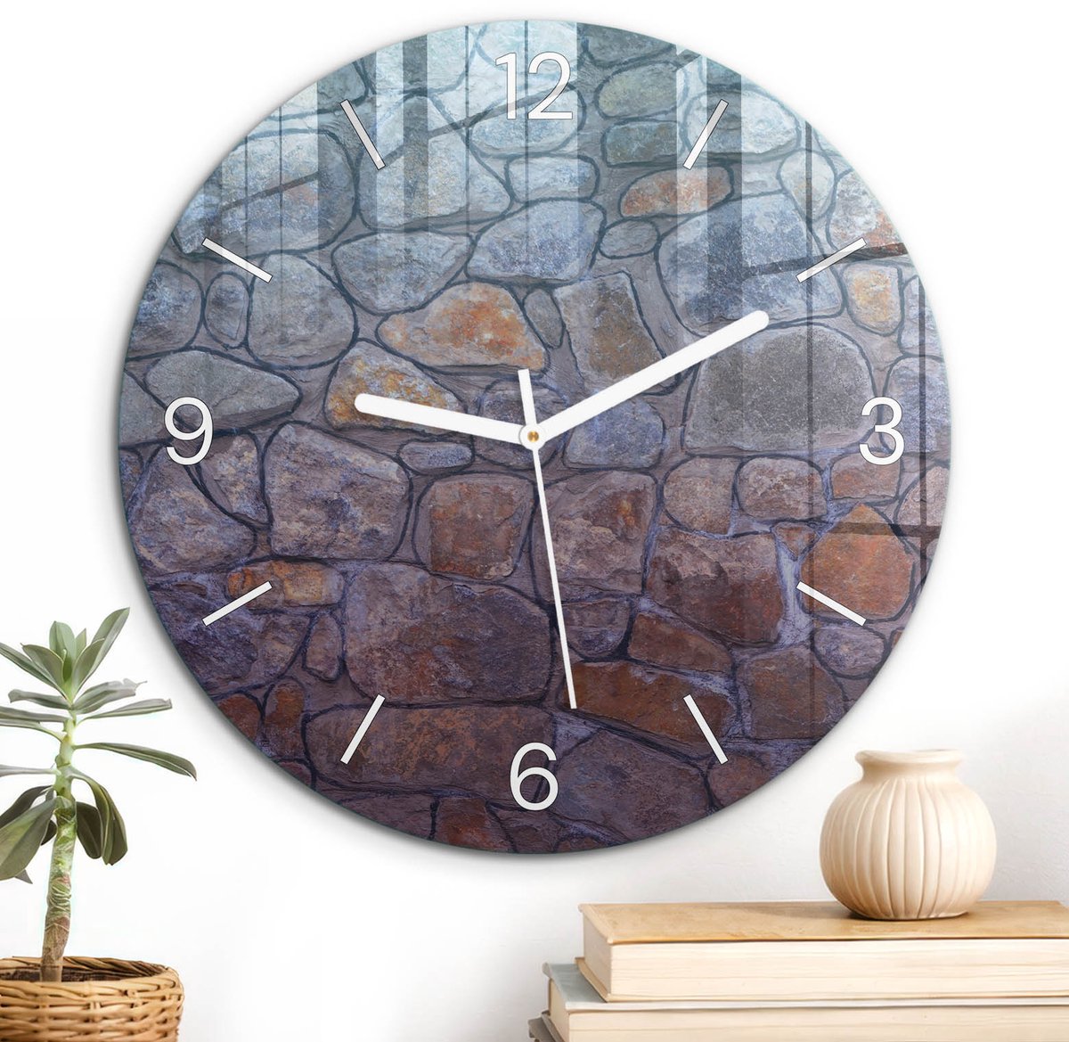 ArtPrintCave Grijs Glazen Klok - Wandklok 30 cm - Muurklok Rond - Mozaïek Van Steen Wandklok Keuken - Natuur Unieke Klok - Witte Klokwijzers