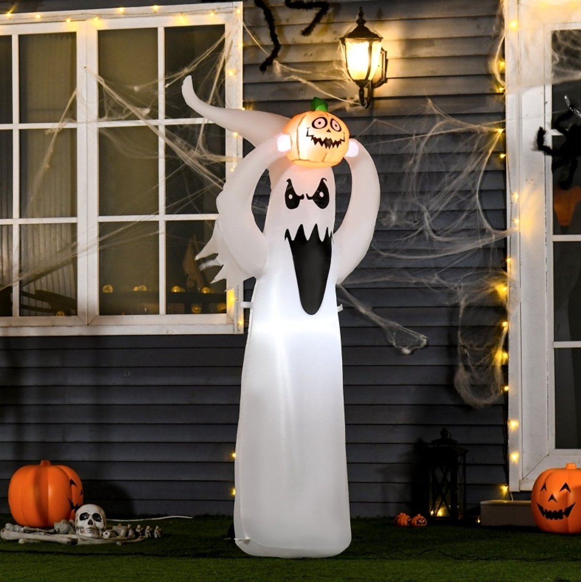 MIVRAY Opblaasfiguur – Verlicht Halloween Spook – 80 x 40 x 180 cm – Polyester – Wit en Oranje – Tuin en Terras – Automatisch Opblaasbaar