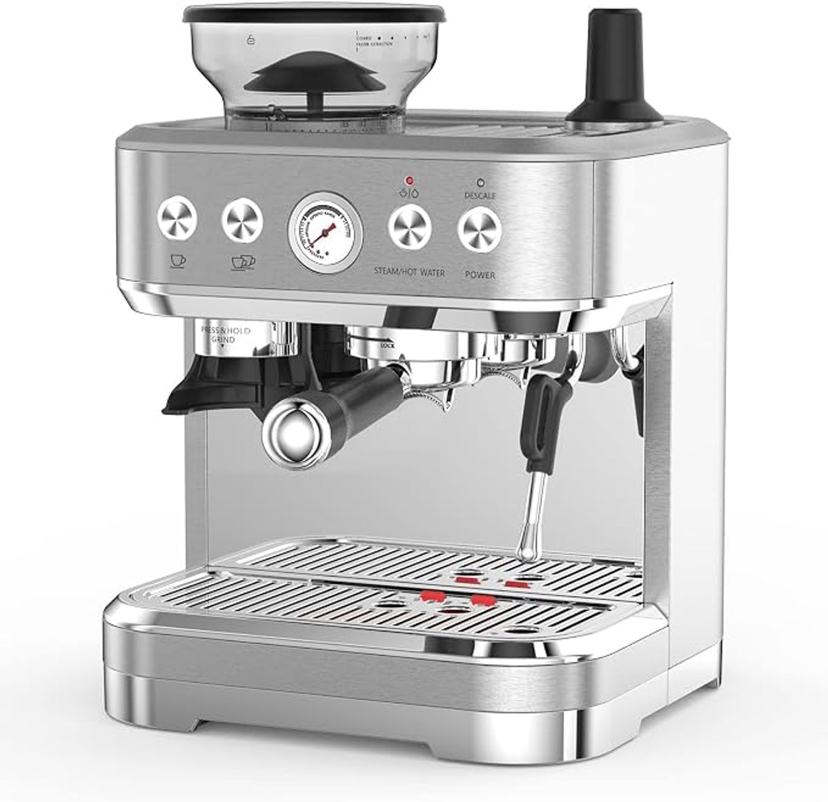 Espressomachine met Maal functie - Geborsteld RVS - 1350W Directe Verhitting - Handmatige Drukregeling - Thuis en Kantoor