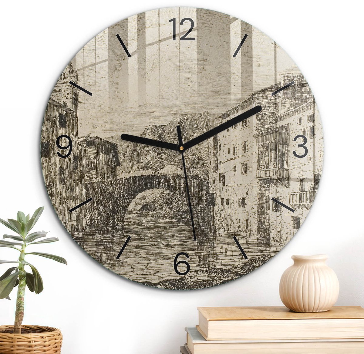 ArtPrintCave Beige Glazen Klok - Wandklok 30 cm - Muurklok Rond - Historisch Perspectief Wandklok Keuken - Natuur Unieke Klok - Zwarte Klokwijzers