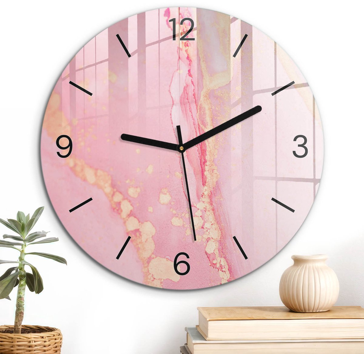 ArtPrintCave Roze Glazen Klok - Wandklok 30 cm - Muurklok Rond - Roze Achtergrond Stille Wandklok - Achtergronden En Patronen Wandklok Keuken - Zwarte Klokwijzers