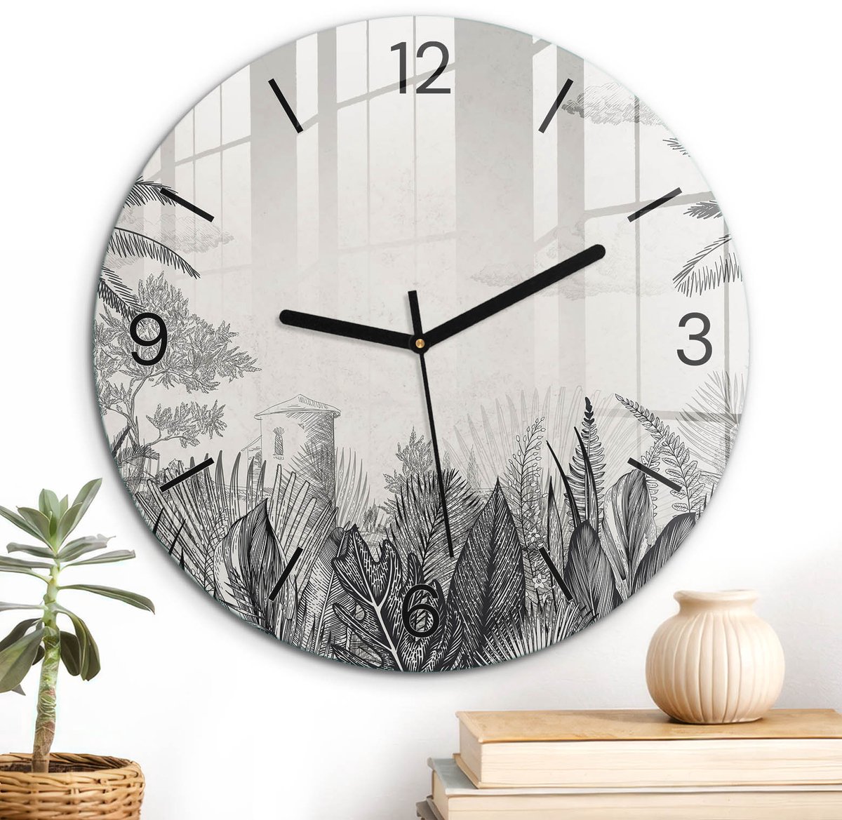 ArtPrintCave Wit Glazen Klok - Wandklok 30 cm - Muurklok Rond - Exotisch Landschap Unieke Klok - Natuur Stille Wandklok - Zwarte Klokwijzers