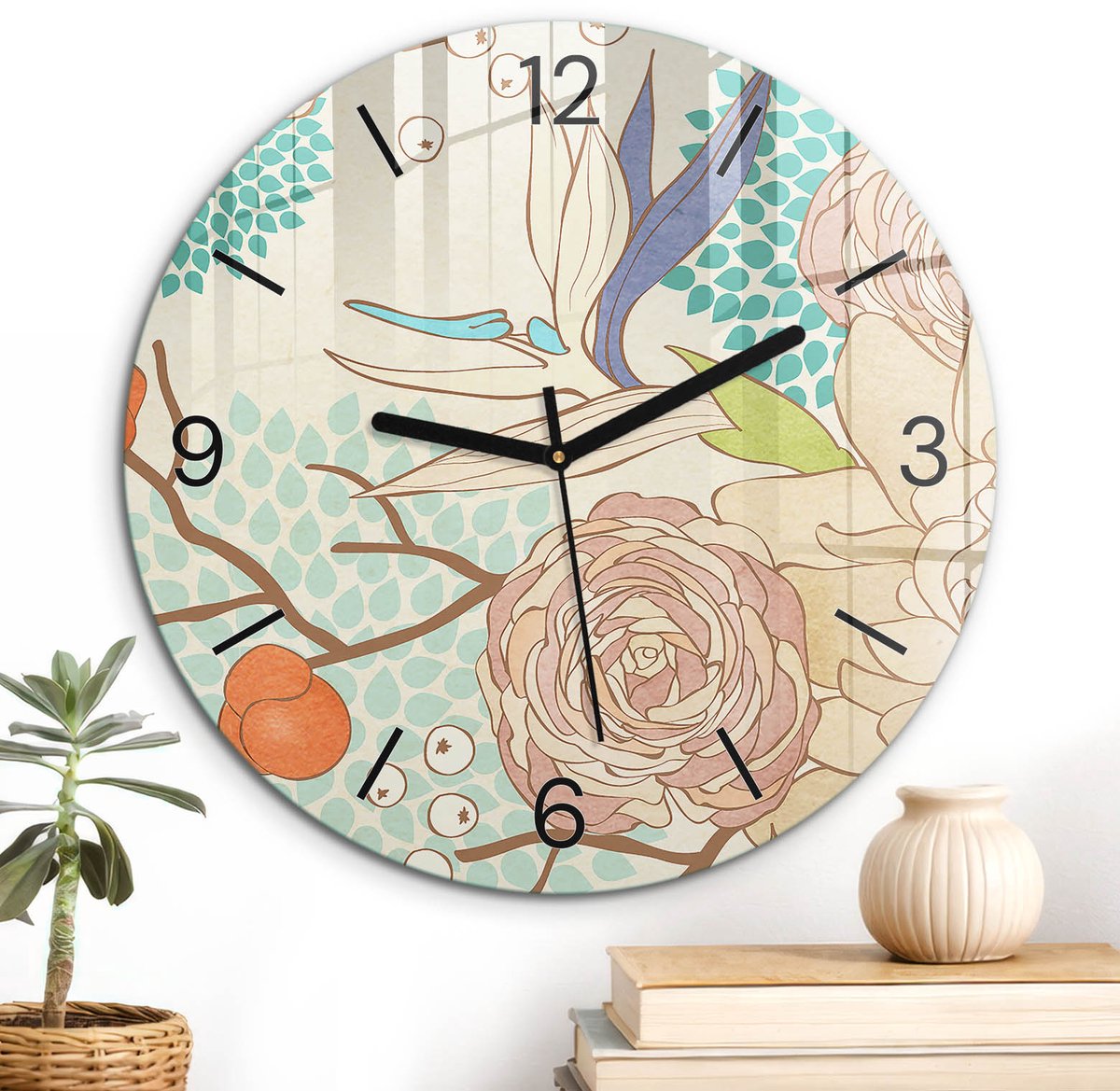ArtPrintCave Romig Glazen Klok - Wandklok 30 cm - Muurklok Rond - Bloemige Elegantie Unieke Klok - Abstractie Stille Wandklok - Zwarte Klokwijzers