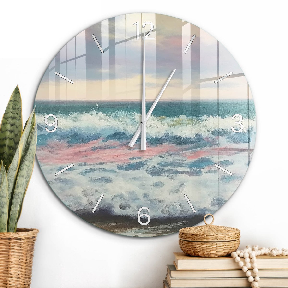 ArtPrintCave Blauw Glazen Klok - Wandklok 60 cm - Muurklok Rond - Zeegezicht Wandklok Keuken - Natuur Unieke Klok - Witte Klokwijzers
