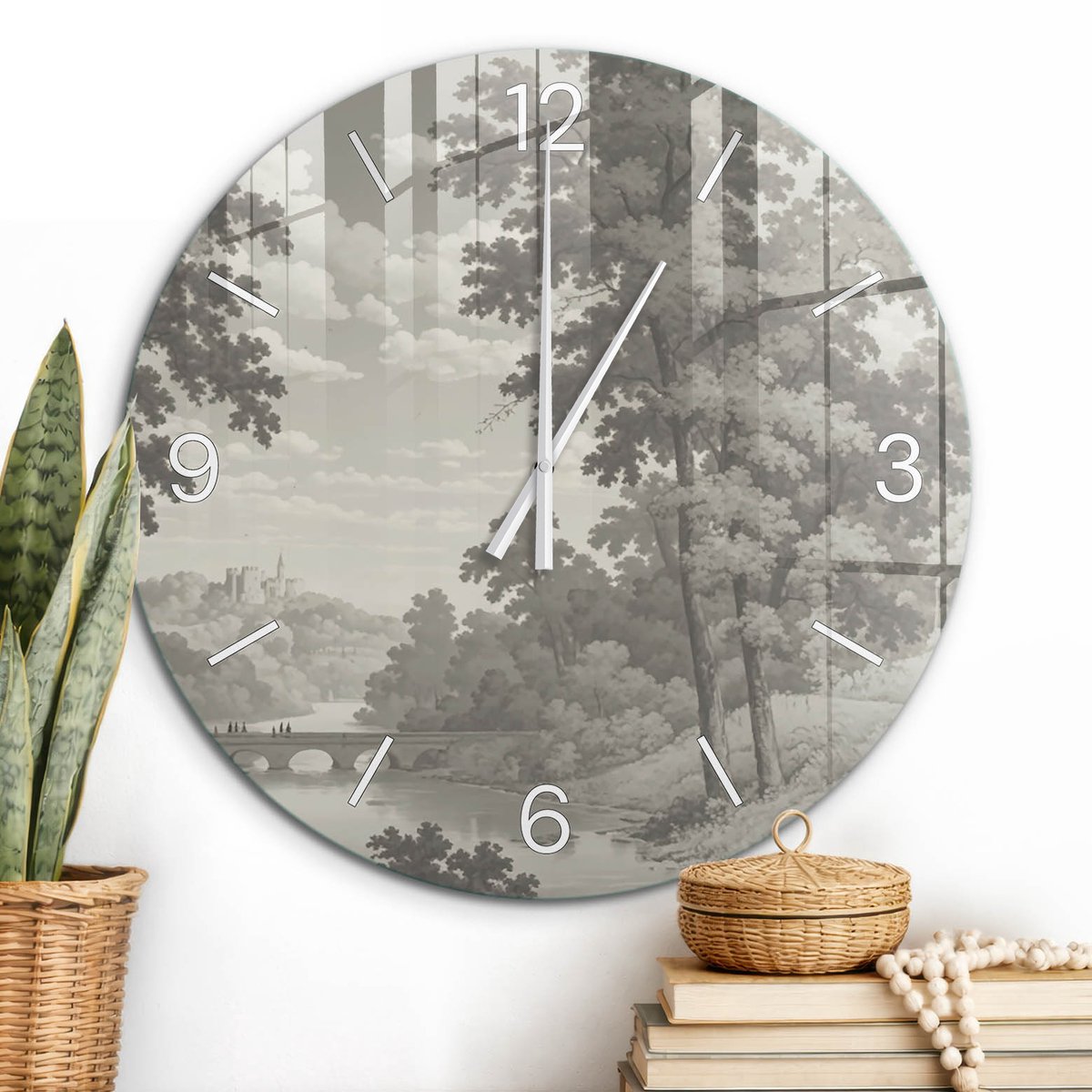 ArtPrintCave Grijs Glazen Klok - Wandklok 60 cm - Muurklok Rond - Vredige Natuur Unieke Klok - Landschappen Stille Wandklok - Witte Klokwijzers