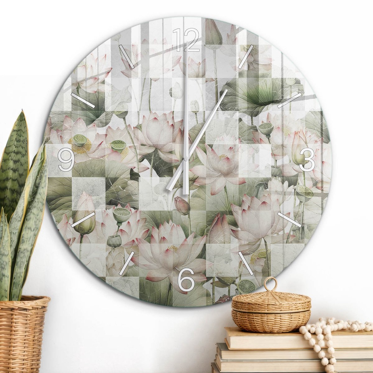 ArtPrintCave Groene Glazen Klok - Wandklok 60 cm - Muurklok Rond - Lotusbloemen Unieke Klok - Natuur Stille Wandklok - Witte Klokwijzers