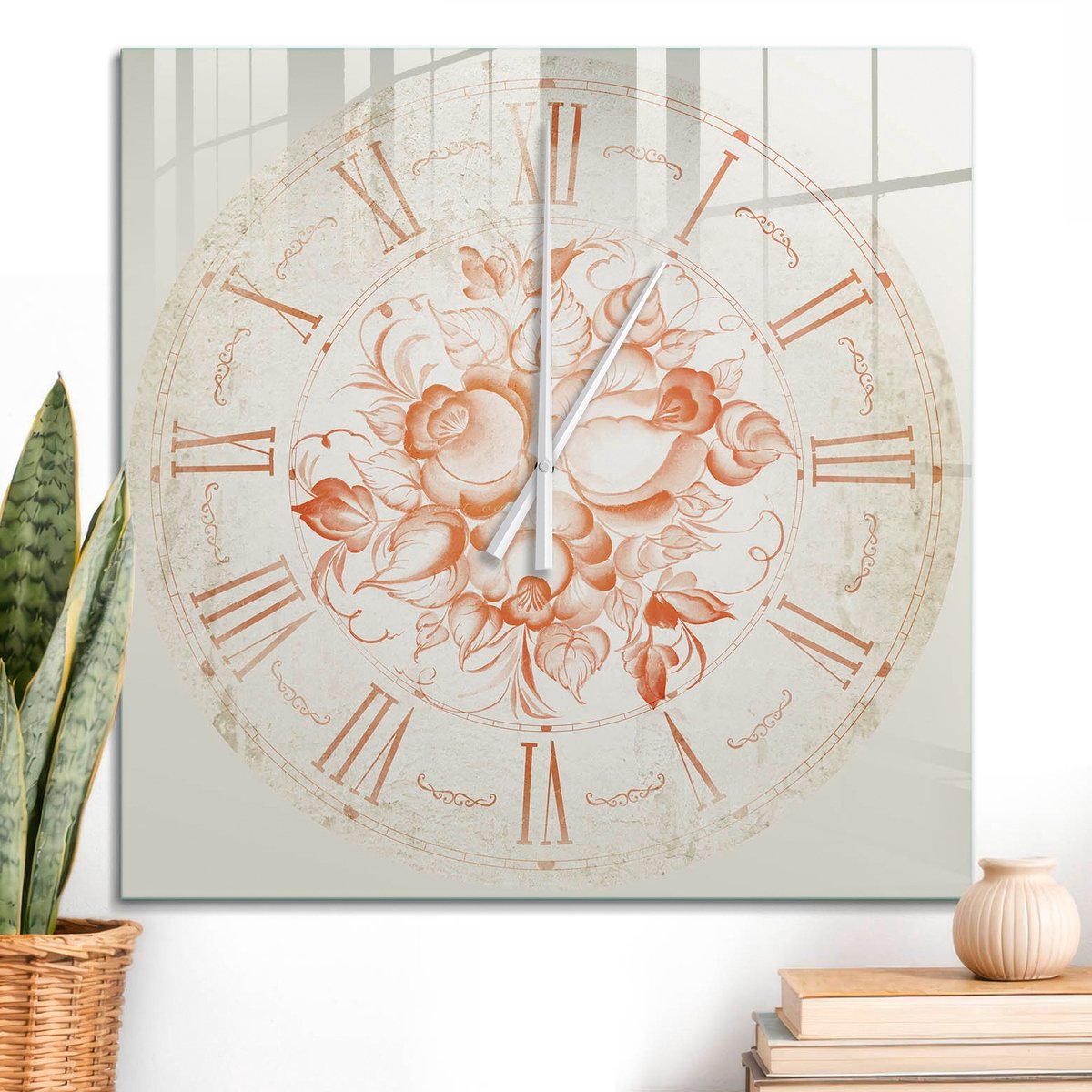 ArtPrintCave Beige Glazen Klok - 60x60 cm - Wandklok Vierkant - Bloemenklok Wandklok Keuken - Kunst Unieke Klok - Witte Klokwijzers
