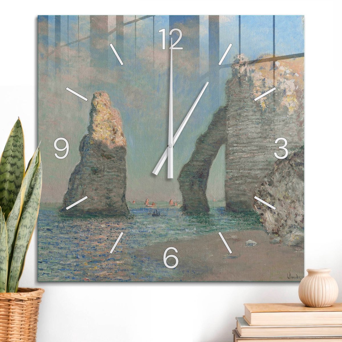 ArtPrintCave Blauw Glazen Klok - 60x60 cm - Wandklok Vierkant - Zeegezicht Unieke Klok - Natuur Stille Wandklok - Witte Klokwijzers