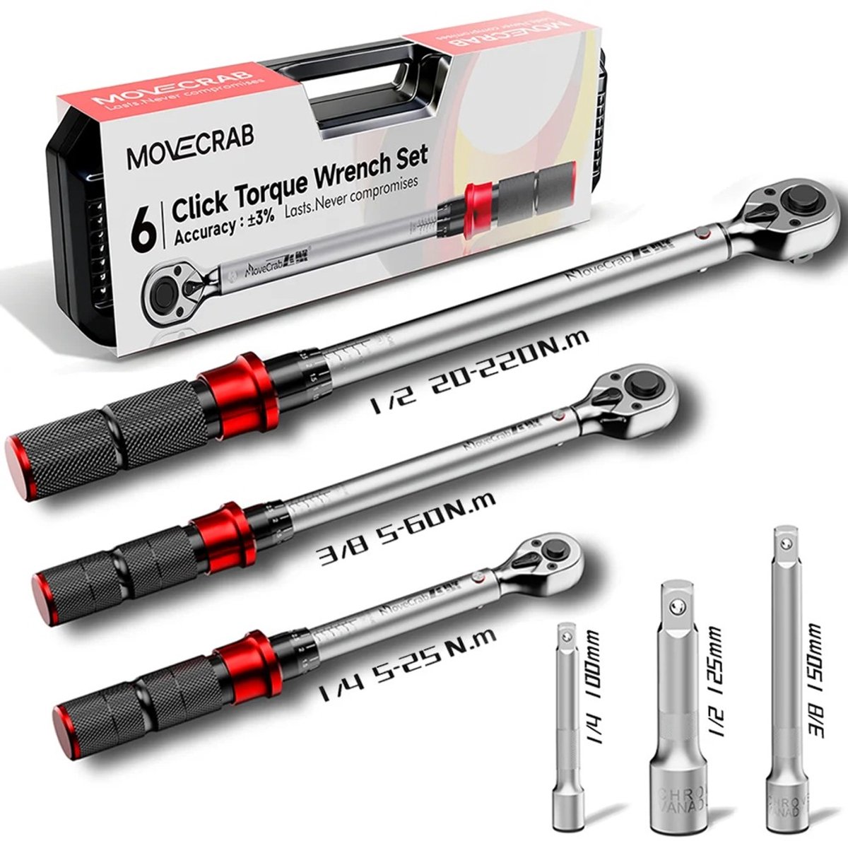 DeltaMerch Momentsleutel set - 3 Momentsleutels - 5 tot 220 Nm - 1/4, 3/8 en 1/2 Inch - Hoge nauwkeurigheid - Duurzaam Cr-V Staal