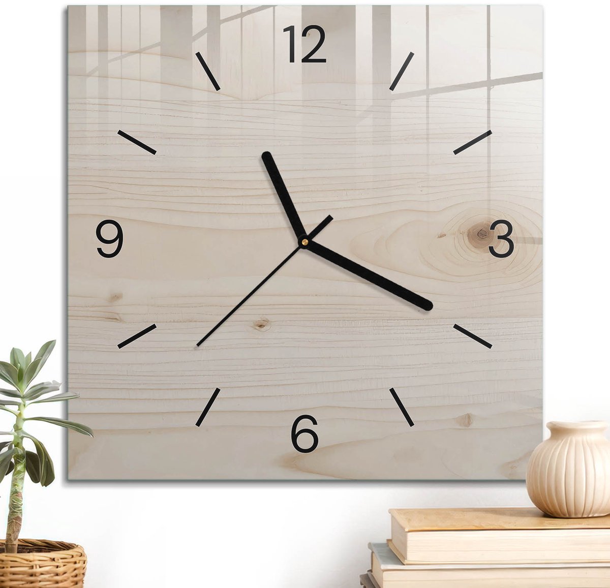 ArtPrintCave Beige Glazen Klok - 30x30 cm - Wandklok Vierkant - Houtstructuur Wandklok Keuken - Achtergronden En Patronen Unieke Klok - Zwarte Klokwijzers