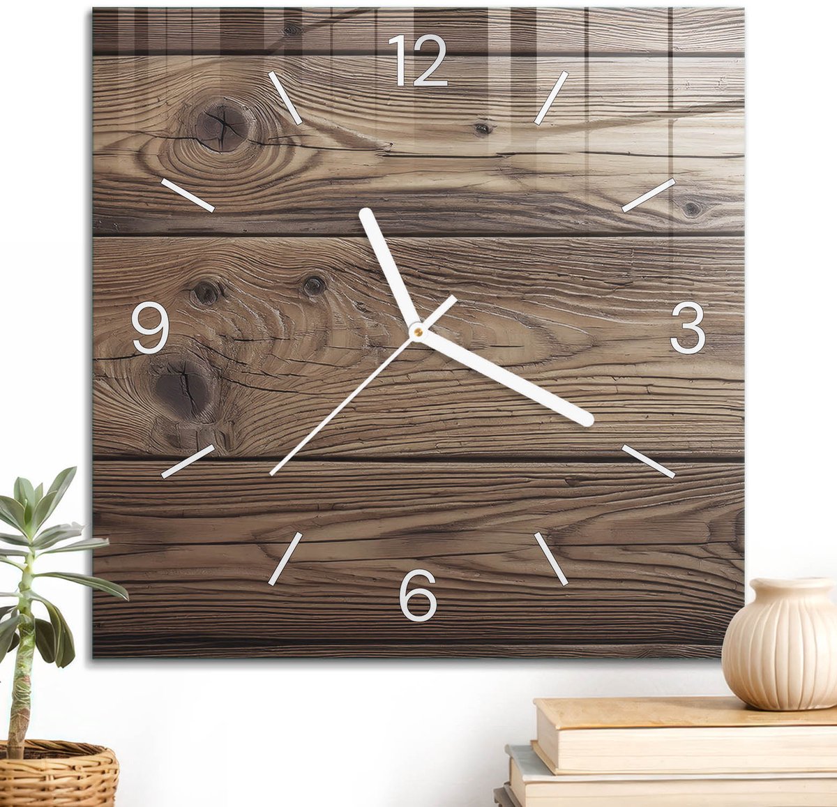 ArtPrintCave Bruin Glazen Klok - 30x30 cm - Wandklok Vierkant - Houten Planken Stille Wandklok - Achtergronden En Patronen Wandklok Keuken - Witte Klokwijzers