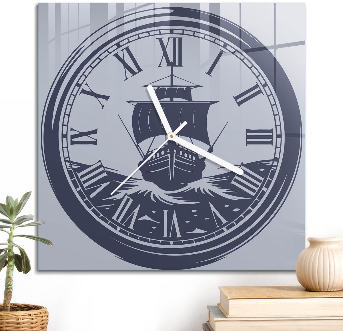 ArtPrintCave Marine Glazen Klok - 30x30 cm - Wandklok Vierkant - Zeilschipwacht Stille Wandklok - Abstractie Wandklok Keuken - Witte Klokwijzers