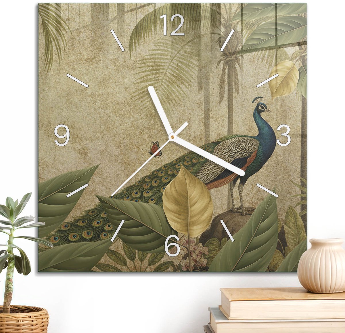 ArtPrintCave Groene Glazen Klok - 30x30 cm - Wandklok Vierkant - Koningsvogel Unieke Klok - Dieren Stille Wandklok - Witte Klokwijzers