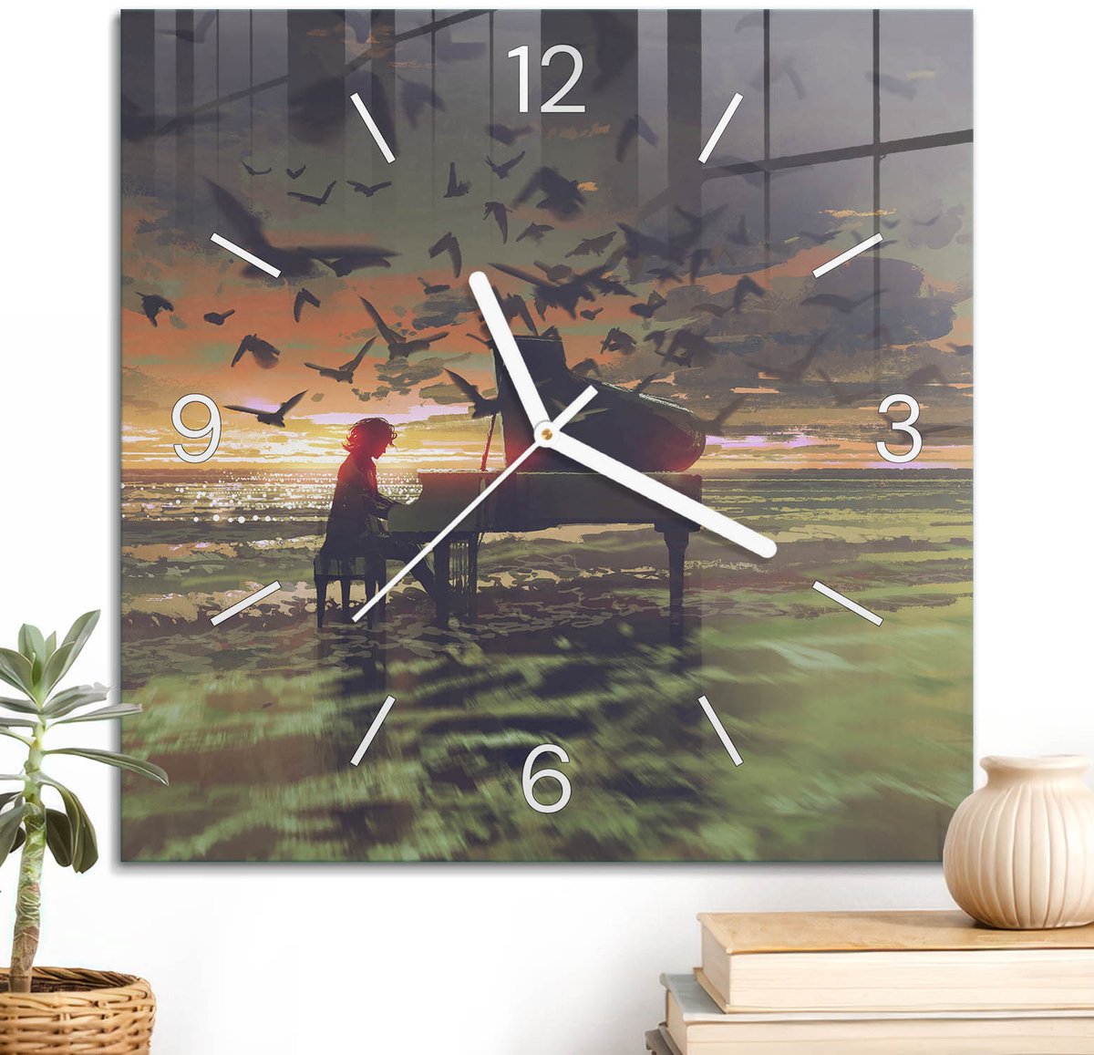 ArtPrintCave Oranje Glazen Klok - 30x30 cm - Wandklok Vierkant - Westerse Melodie Unieke Klok - Natuur Stille Wandklok - Witte Klokwijzers