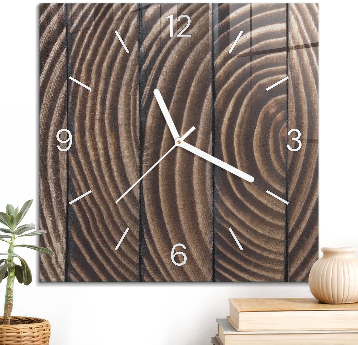 ArtPrintCave Bruin Glazen Klok - 30x30 cm - Wandklok Vierkant - Houten Ringen Unieke Klok - Natuur Stille Wandklok - Witte Klokwijzers