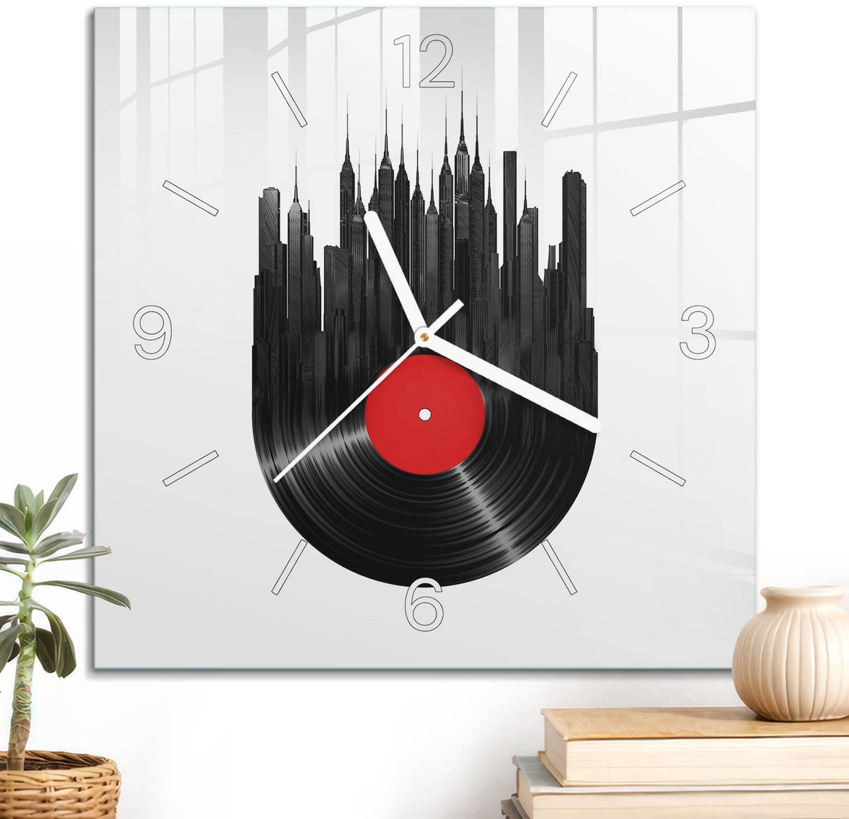 ArtPrintCave Zwart Glazen Klok - 30x30 cm - Wandklok Vierkant - Muzikaal Panorama Wandklok Keuken - Steden Unieke Klok - Witte Klokwijzers