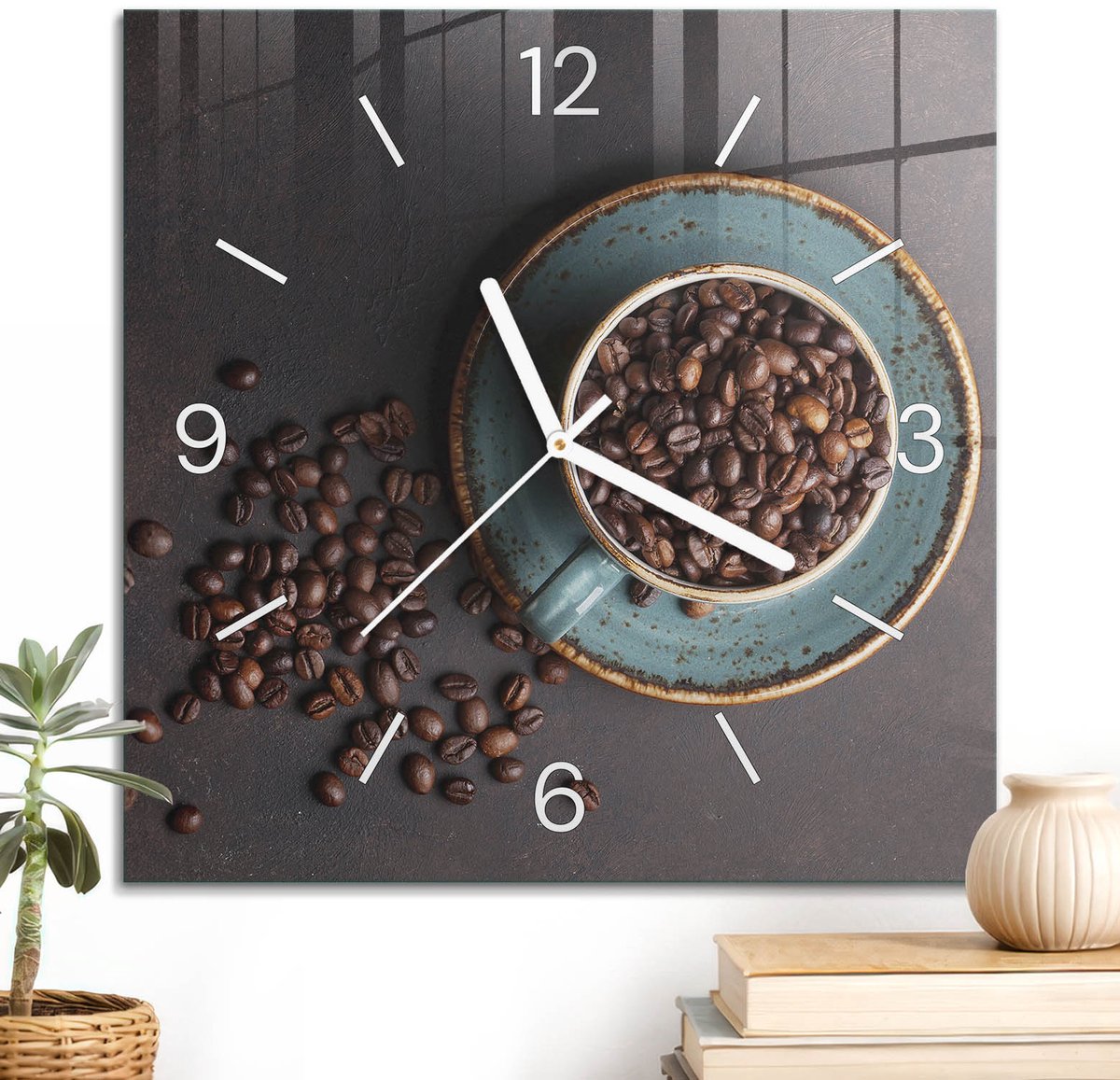 ArtPrintCave Bruin Glazen Klok - 30x30 cm - Wandklok Vierkant - Koffie-Inspiratie Unieke Klok - Texturen Stille Wandklok - Witte Klokwijzers