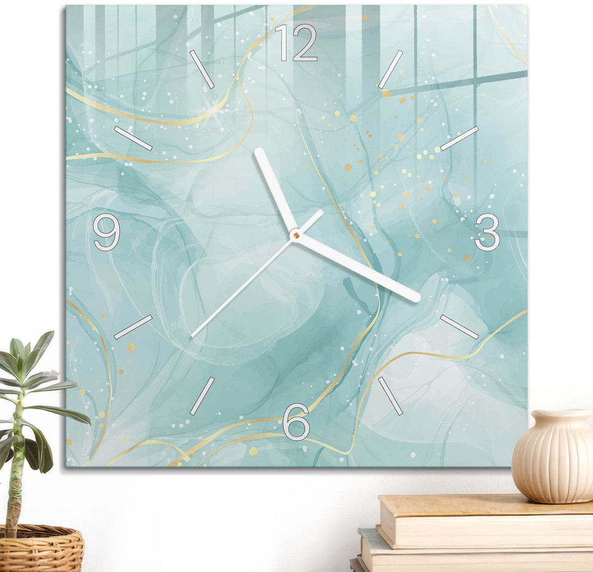 ArtPrintCave Turkoois Glazen Klok - 30x30 cm - Wandklok Vierkant - Turquoise Droom Unieke Klok - Kunst Stille Wandklok - Witte Klokwijzers