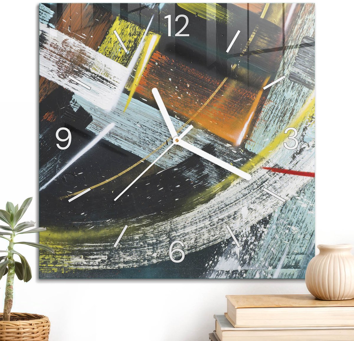 ArtPrintCave Turkoois Glazen Klok - 30x30 cm - Wandklok Vierkant - Kleurrijke Abstractie Stille Wandklok - Kunst Wandklok Keuken - Witte Klokwijzers