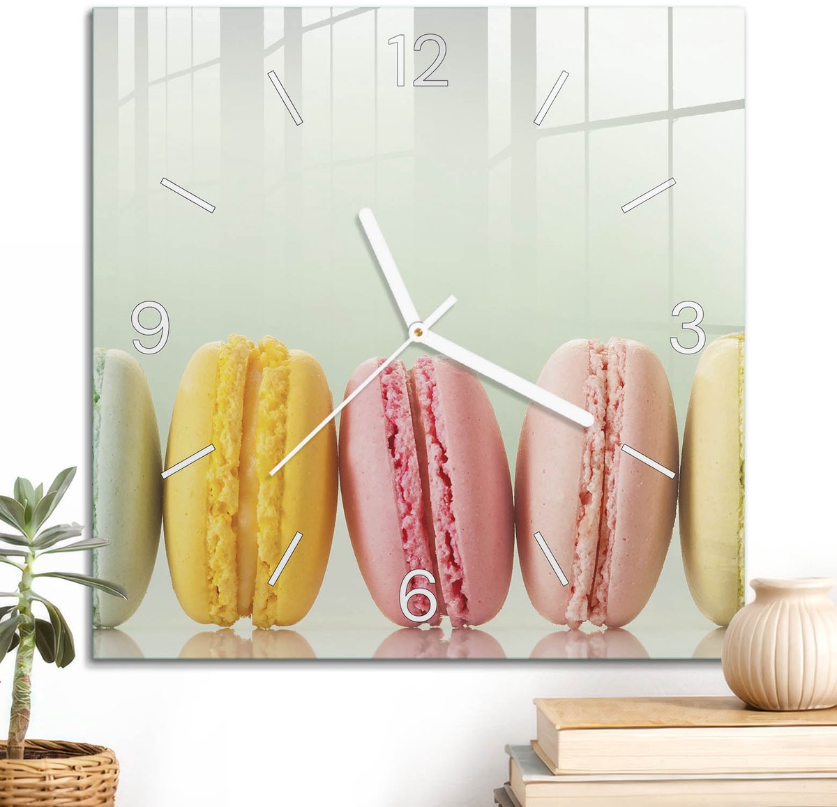 ArtPrintCave Roze Glazen Klok - 30x30 cm - Wandklok Vierkant - Kleurrijke Macarons Unieke Klok - Abstractie Stille Wandklok - Witte Klokwijzers