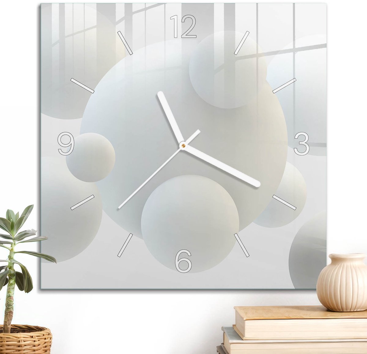 ArtPrintCave Wit Glazen Klok - 30x30 cm - Wandklok Vierkant - Witte Ballen Stille Wandklok - Geometrische Wandklok Keuken - Witte Klokwijzers