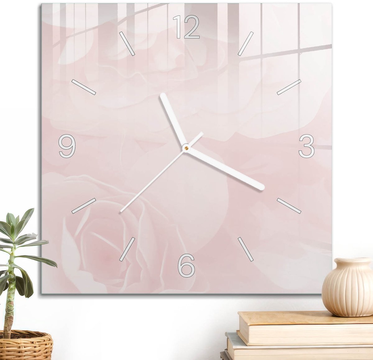 ArtPrintCave Roze Glazen Klok - 30x30 cm - Wandklok Vierkant - Pastel Rozen Wandklok Keuken - Achtergronden En Patronen Unieke Klok - Witte Klokwijzers
