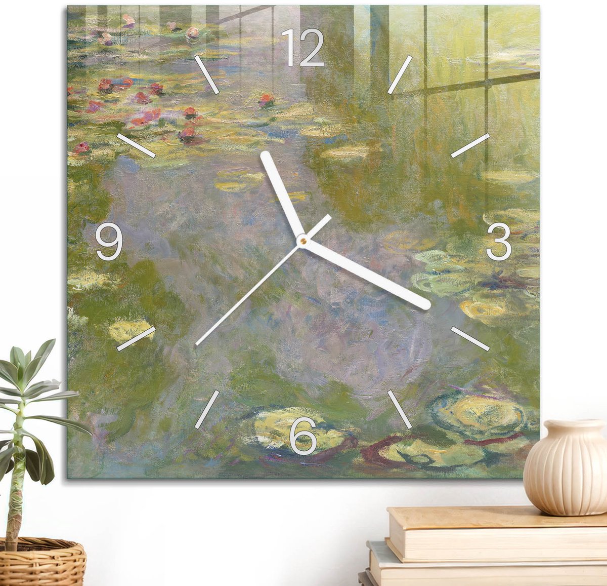 ArtPrintCave Groene Glazen Klok - 30x30 cm - Wandklok Vierkant - Waterlelievijver Unieke Klok - Kunst Stille Wandklok - Witte Klokwijzers