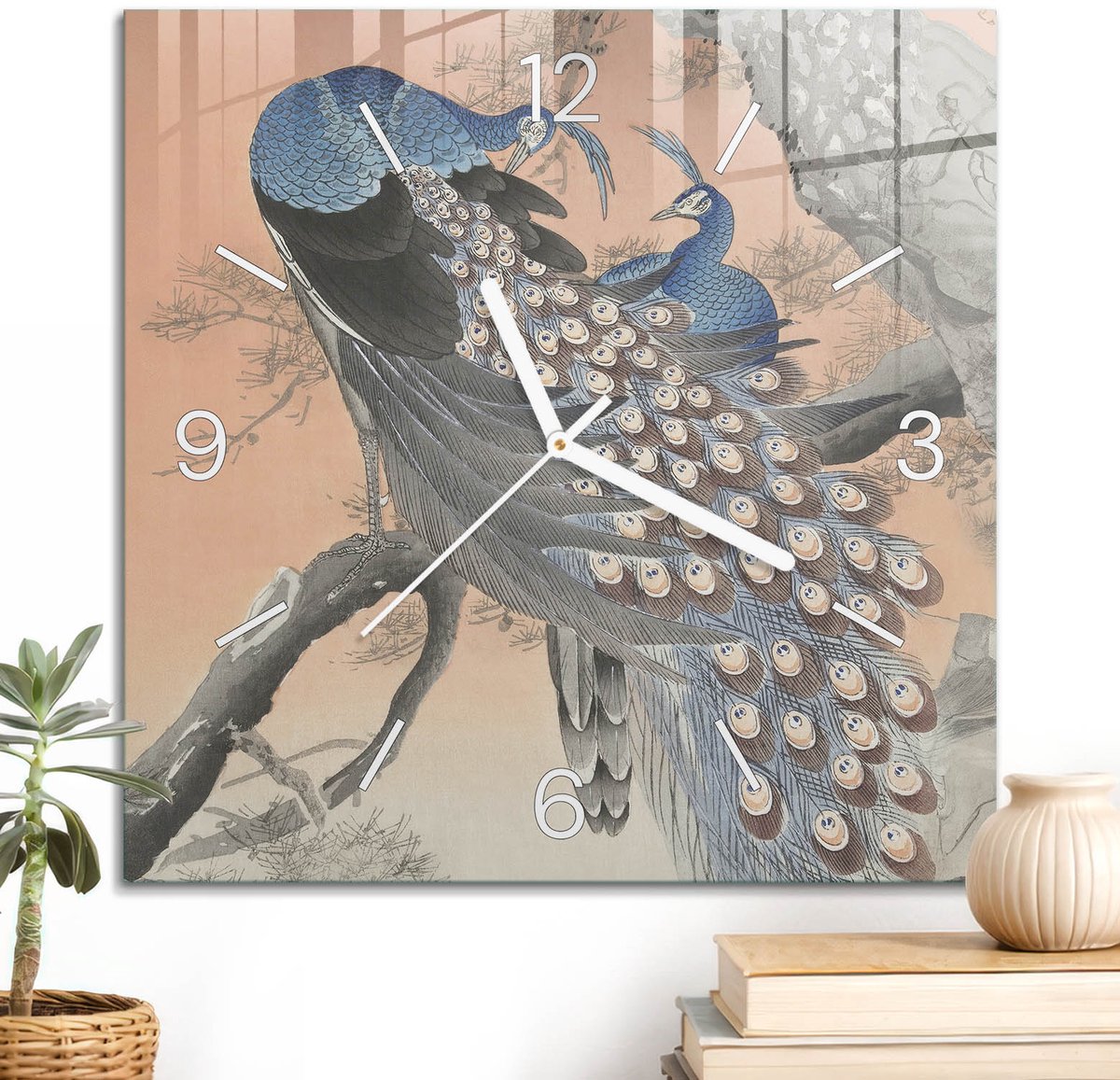 ArtPrintCave Blauw Glazen Klok - 30x30 cm - Wandklok Vierkant - Pauw Schoonheid Stille Wandklok - Dieren Wandklok Keuken - Witte Klokwijzers