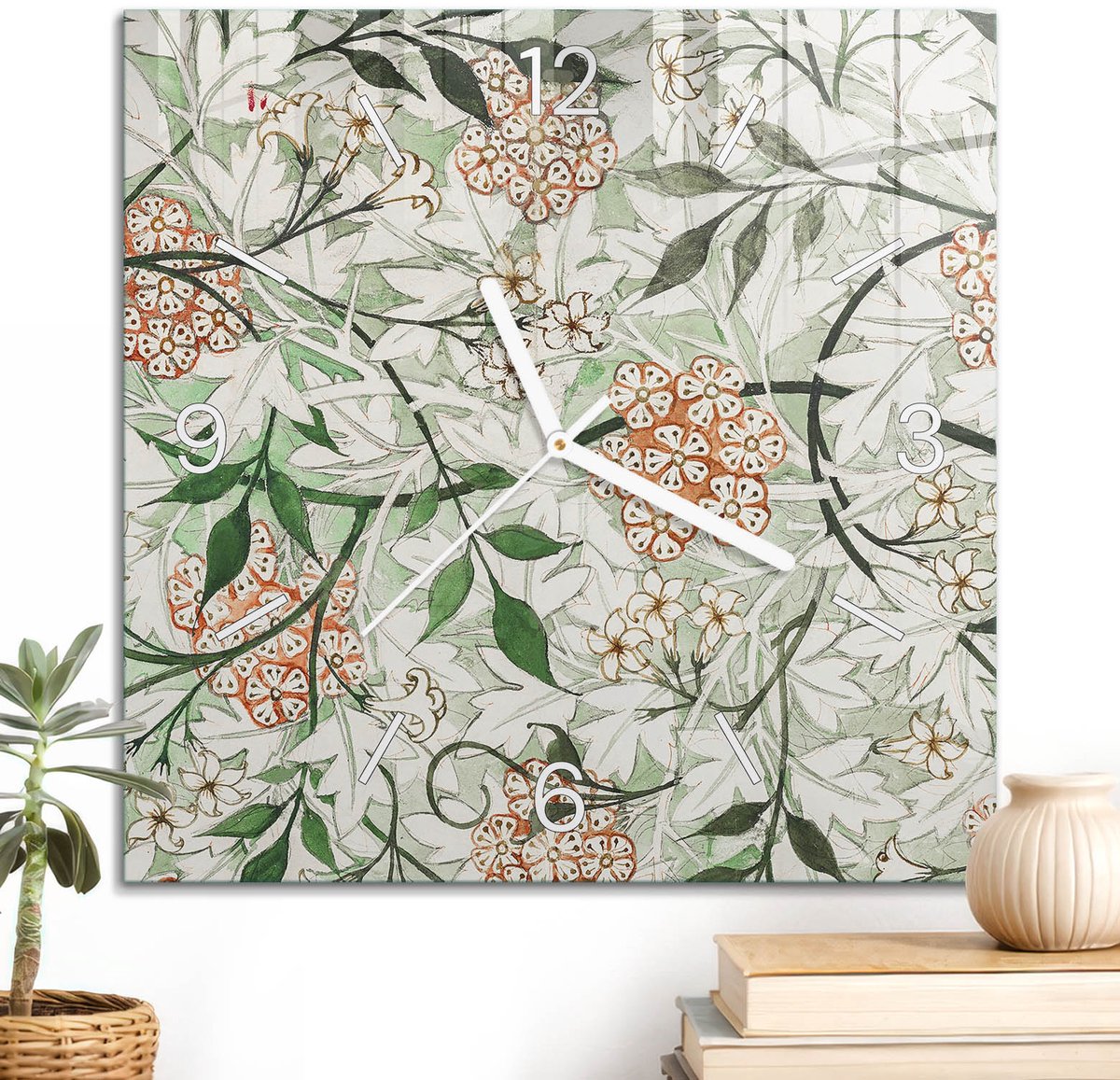 ArtPrintCave Groene Glazen Klok - 30x30 cm - Wandklok Vierkant - Bloemenpatroon Stille Wandklok - Natuur Wandklok Keuken - Witte Klokwijzers