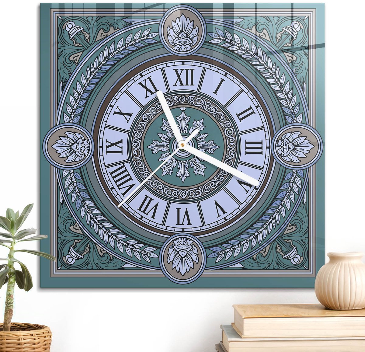ArtPrintCave Turkoois Glazen Klok - 30x30 cm - Wandklok Vierkant - Art Nouveau-Schild Stille Wandklok - Geometrie Wandklok Keuken - Witte Klokwijzers