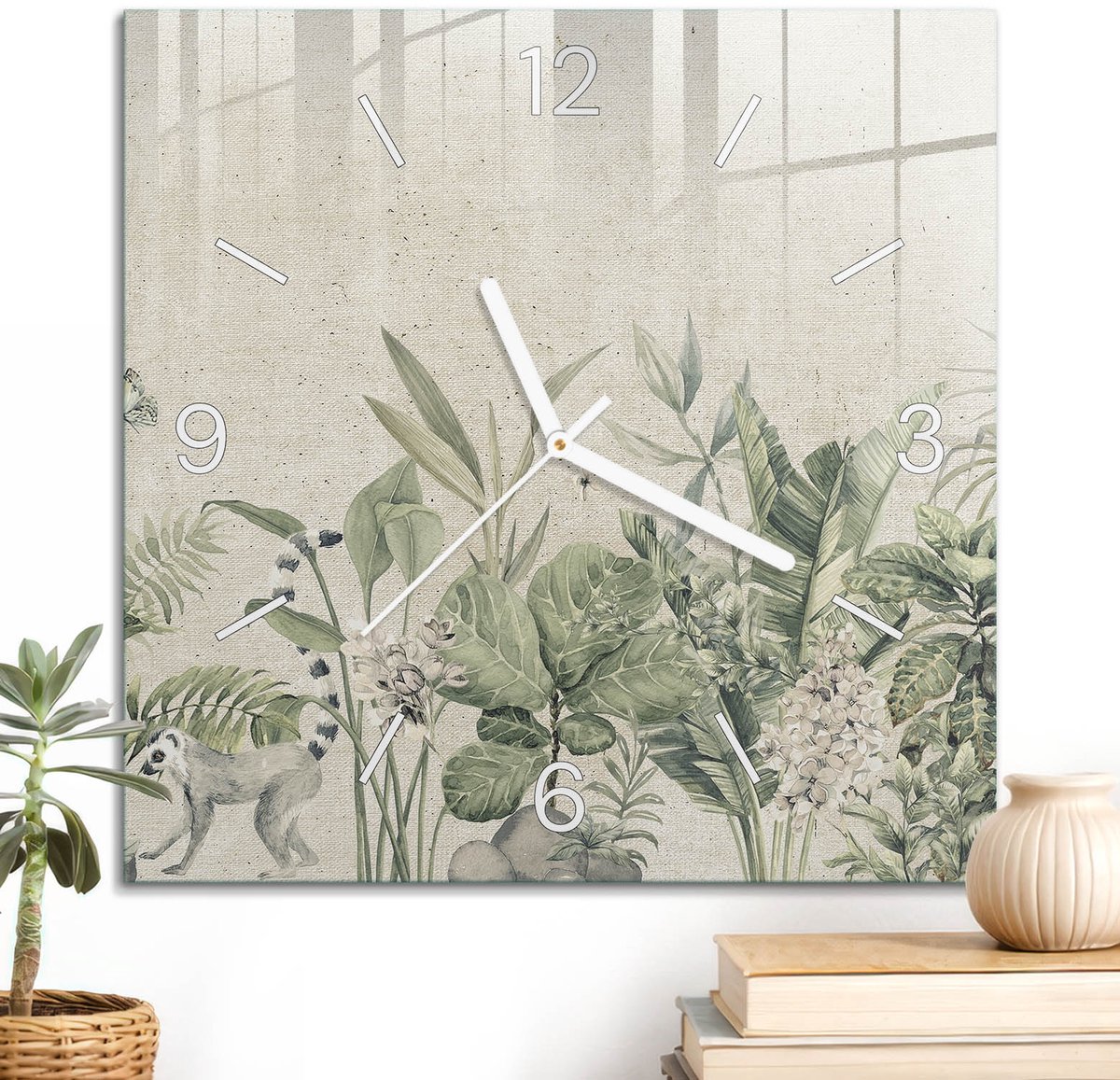 ArtPrintCave Groene Glazen Klok - 30x30 cm - Wandklok Vierkant - Tropische Jungle Stille Wandklok - Bloemen En Planten Wandklok Keuken - Witte Klokwijzers
