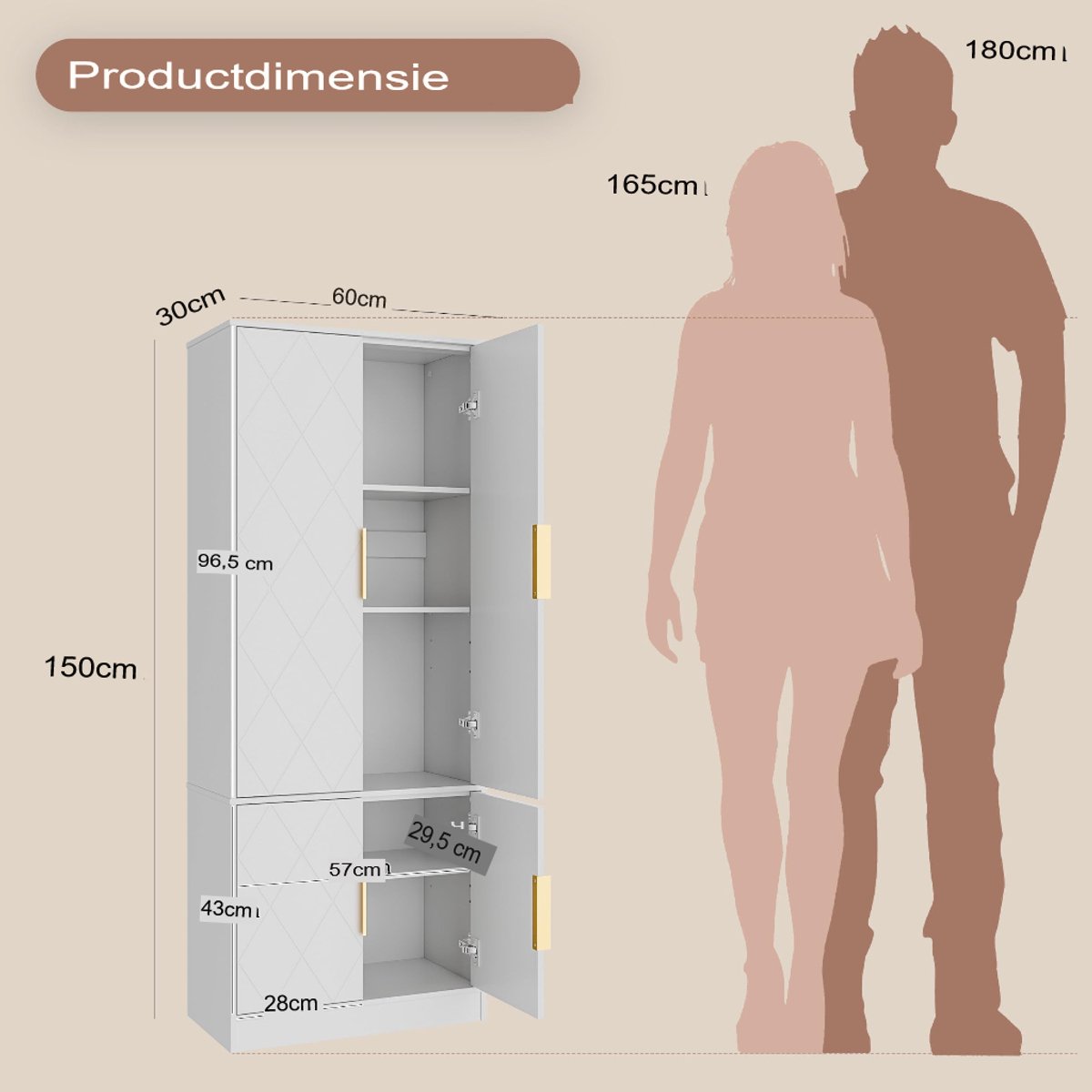 UEV 4-deurs hoge kast, keukenkast, badkamerkast, multifunctionele kast, archiefkast, met verstelbare planken, veelzijdig inzetbaar, voor kantoor, gang, keuken, bijkeuken, 60 x 30 x 150 cm, wit