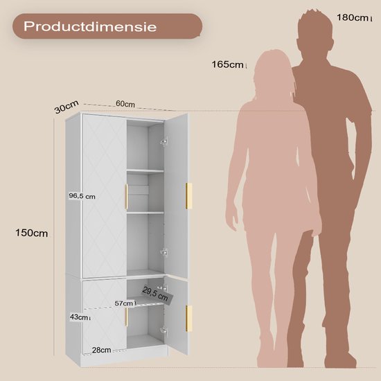 Afmetingen van witte kast (150cm hoog) vergeleken met twee silhouetten (165cm en 180cm).
