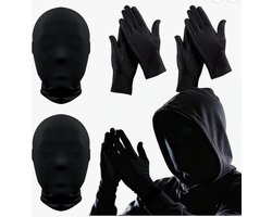 2 zwarte halloweenmaskers, volgelaatsmaskers, set met 2 zwarte handschoenen, masker Halloween, heren en dames, gezichtsloos horrormasker voor Halloween, carnaval, maskerade, themafeest