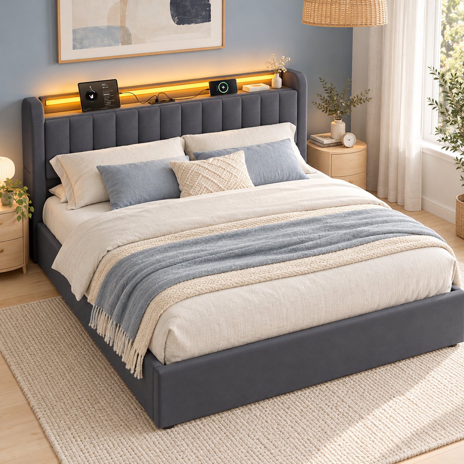 CHICFURN Gestoffeerd Bed 160x200 cm - Slaapkamer - USB en ledlicht - Opbergbed - Fluweel - Donkergrijs