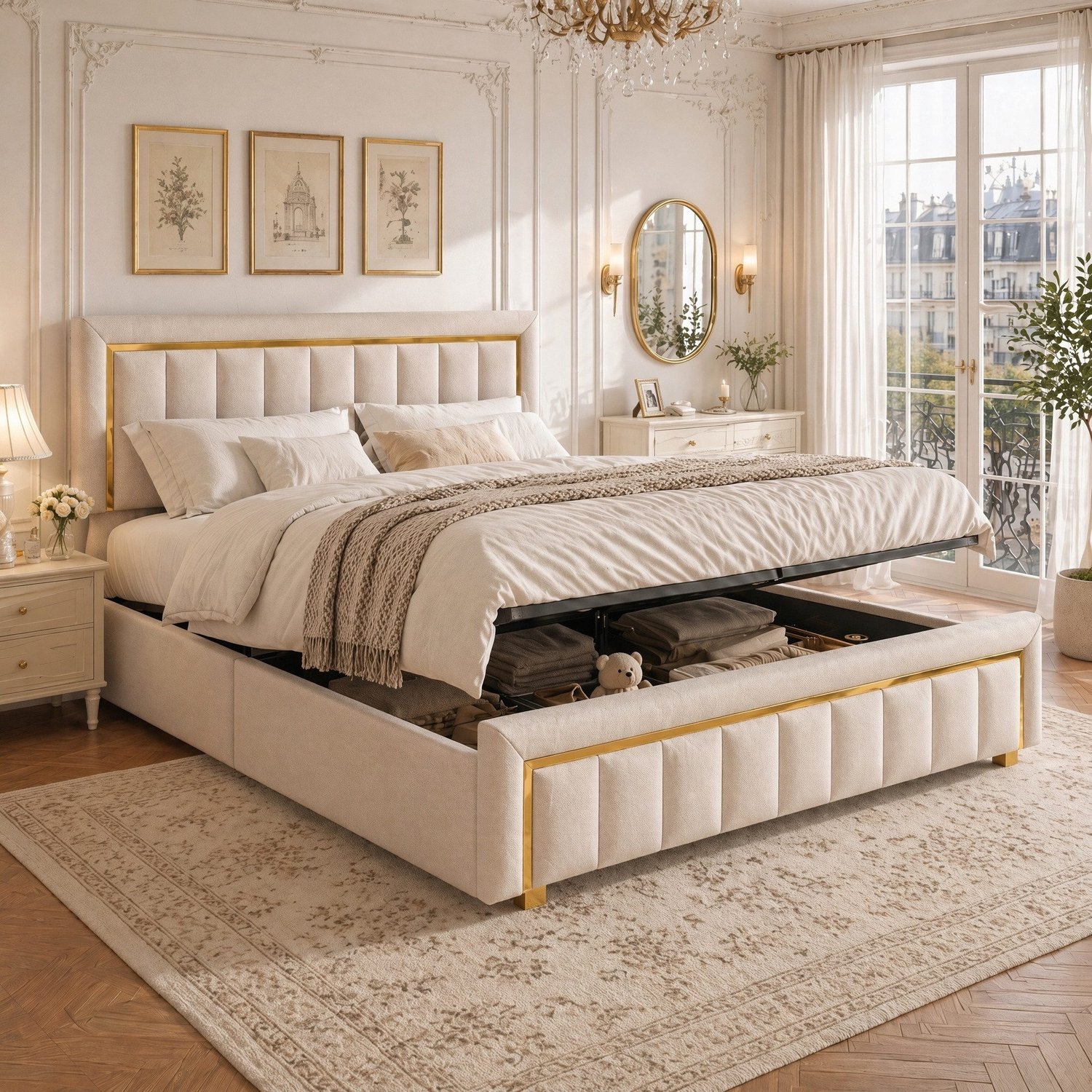 Mofor Gestoffeerd opbergbed 160x200 cm met hydraulische opbergruimte en lattenbodem - tweepersoonsbed met fluwelen bekleding - beige - luxe design