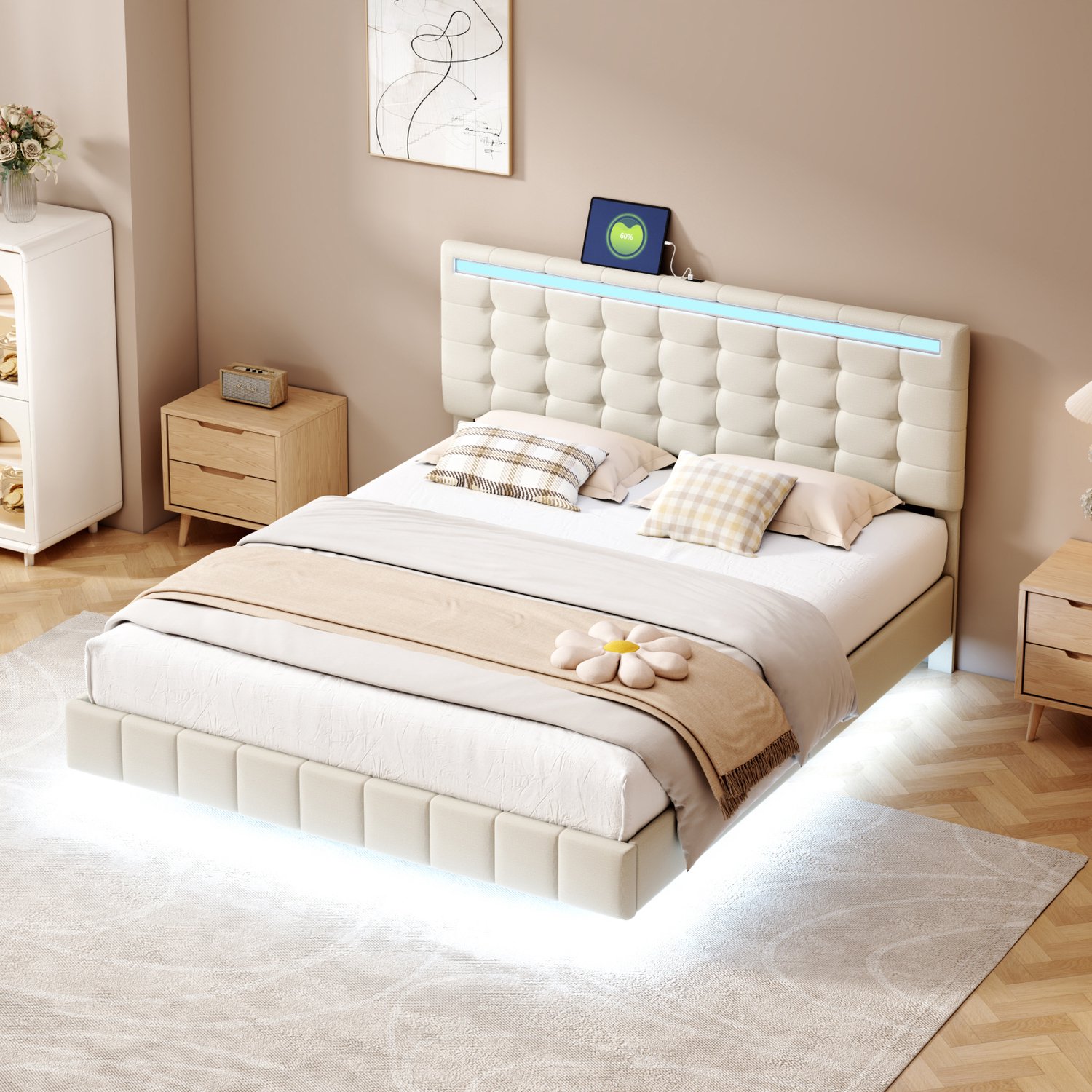 Mofor Zwevend tweepersoonsbed 160x200 cm met LED-verlichting en 2 USB-poorten - gestoffeerd bed met linnen bekleding - beige - modern design