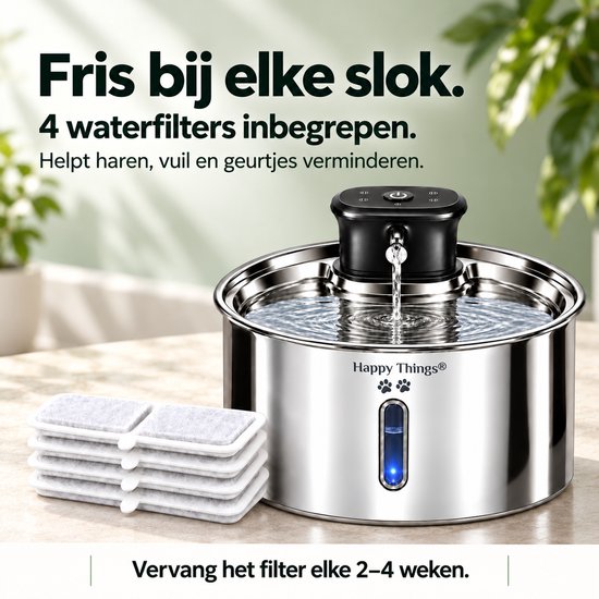 RVS Happy Things drinkfontein met vier inbegrepen filters. Helpt haren, vuil en geurtjes verminderen.