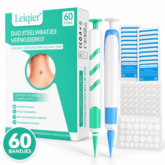 Leiqier steelwratjes verwijderkit met doos, twee applicators, 60 bandjes, reinigingsdoekjes en 36 herstelpleisters.