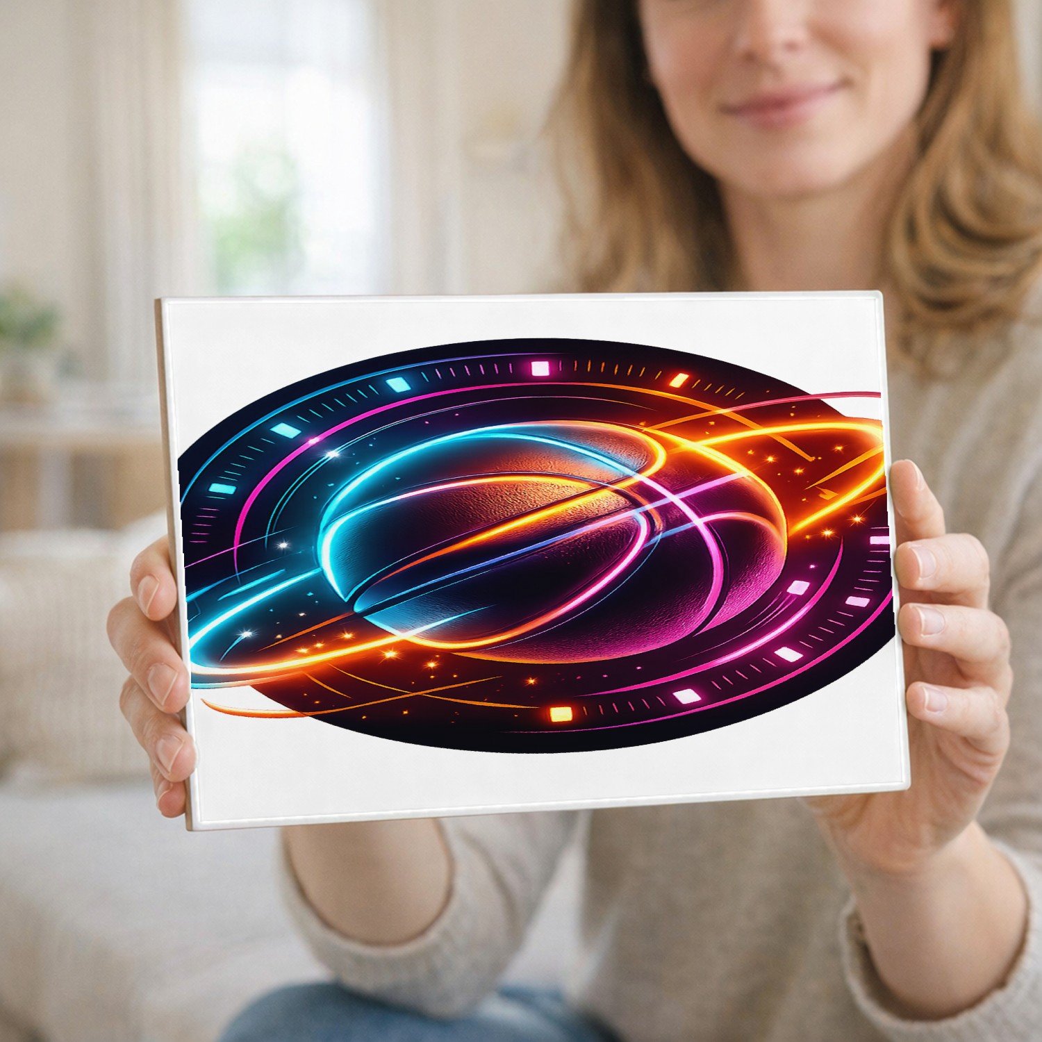 Mr Cadeautjes Tegel 15 x 20 cm - design Neon sportenergie met een dynamisch object in het midden | cadeau Wit