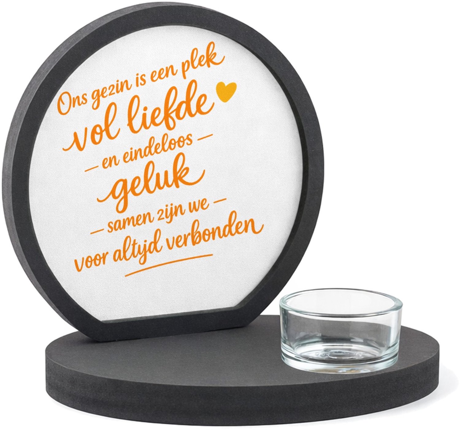 Mr Cadeautjes MDF inleg theelichthouder ~8 cm - design Een warme familie-quote in handgeschreven stijl met een klei | cadeau Wit