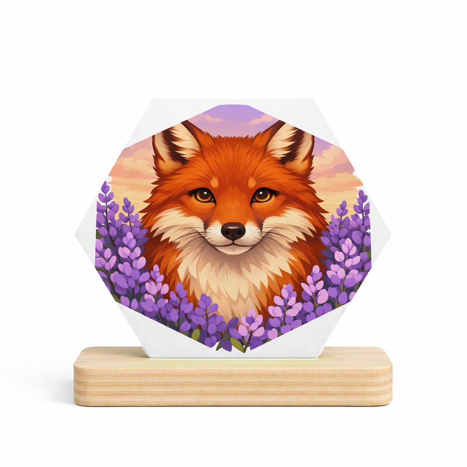 Mr Cadeautjes MDF fotolijst/inleg hexagon 14 x 13 - design Frontaal portret van een vos in een veld van paarse bloemen | cadeau Wit