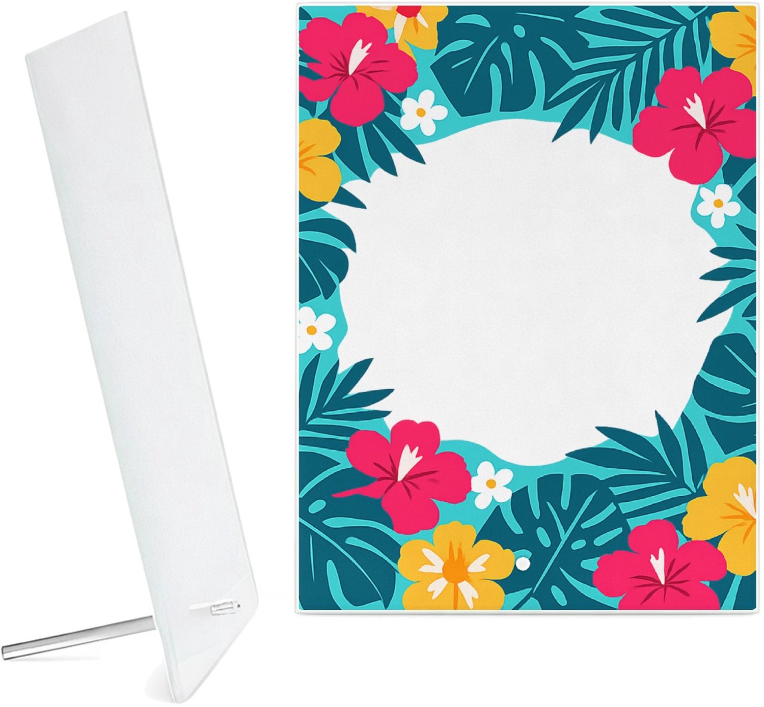 Mr Cadeautjes Glazen fotopaneel Fris botanisch herhaalpatroon met een speels centraal labelv - 15 x 20 cm, staand - glas, decoratie, wanddecoratie | cadeau Wit