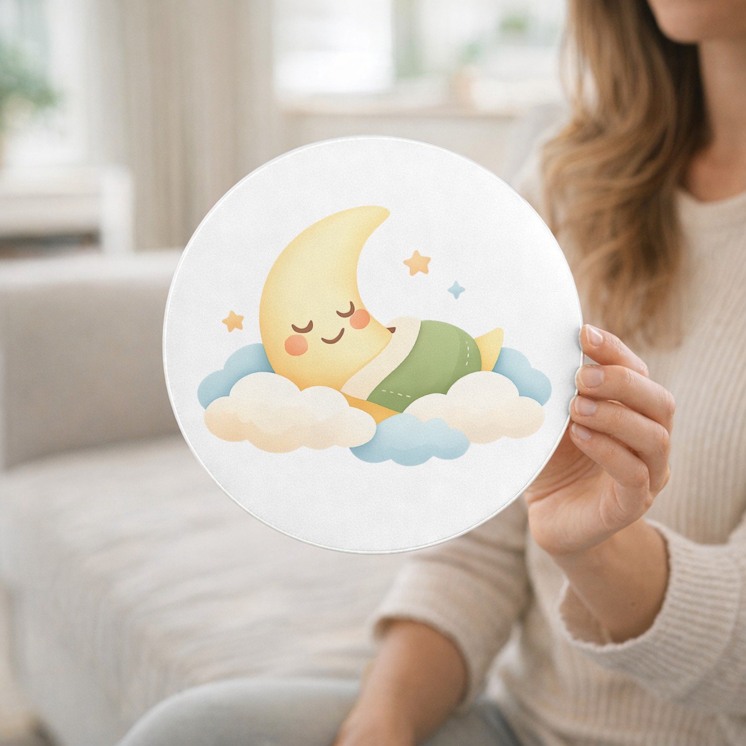 Mr Cadeautjes Tegel rond Ø 20 cm - design Een zachte babykamer-sfeer met een slapende maan en wolkjes | cadeau Wit