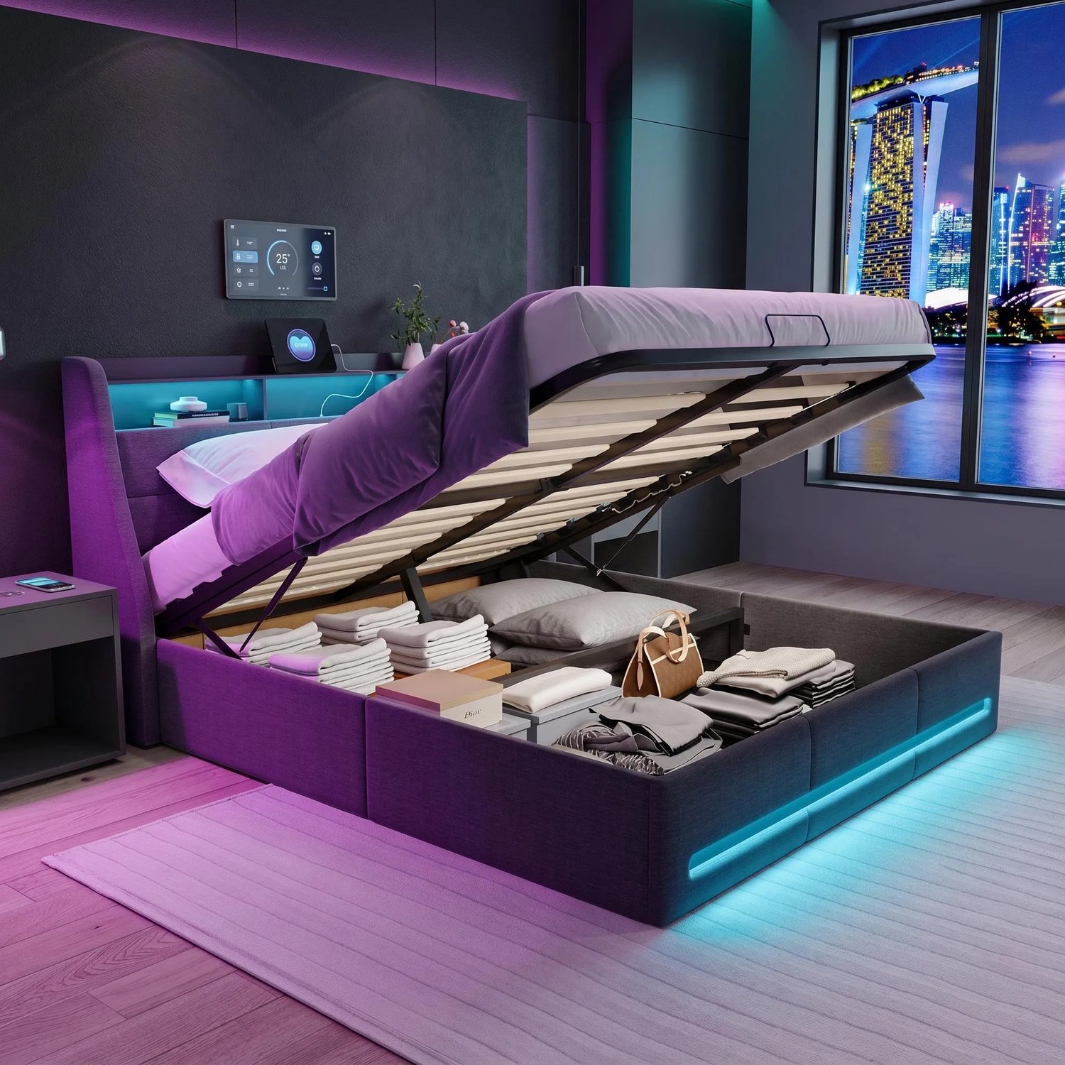 MEXUS Boxspringbed Gestoffeerd bed 160x200 cm met LED & Opbergruimte – Tweepersoonsbed met USB-C en Gasveer – Linnen Grijs – Zonder Matras